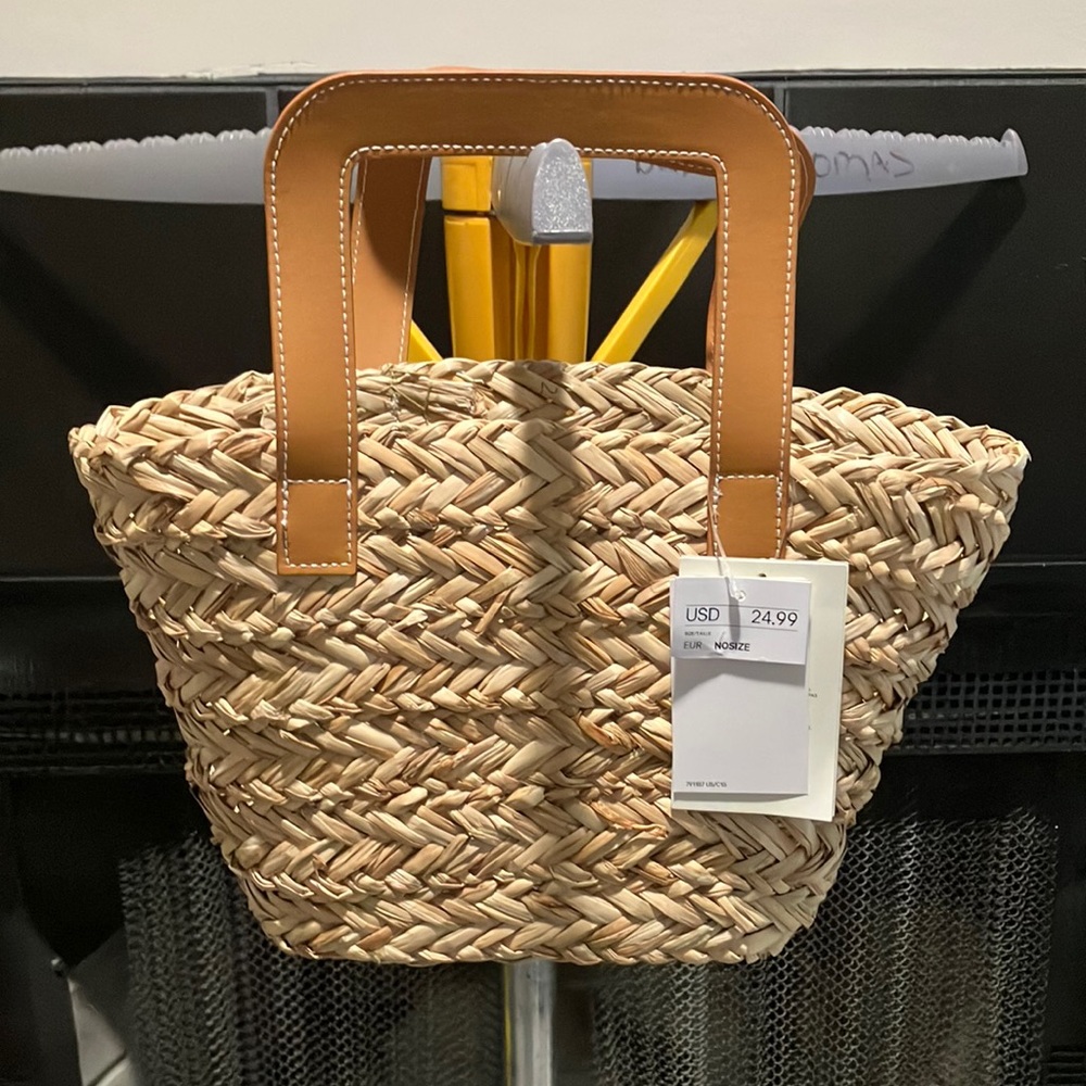 Woven Straw Tote with Tan Leather Like Handles